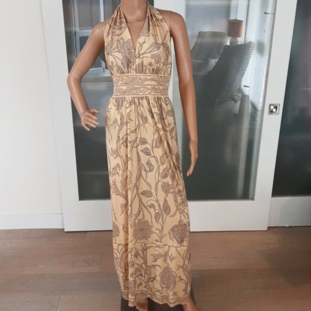 1970s Emilio Pucci Butter Color Leaf Print Stretch Silk Halter Dress